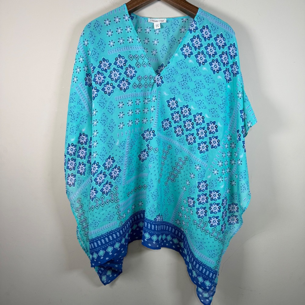 Coldwater Creek Blue Geometric Lightweight Poncho Beach Coverup Resortwear